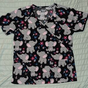Elephant Print Women's Scrub Top - Black and Pink